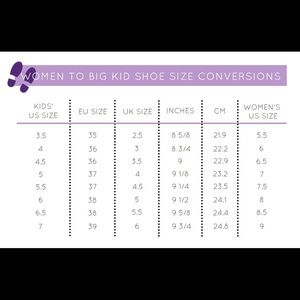 big kid size to women's